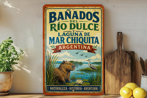A vintage-style sign for Banados del Rio Dulce y Laguna de Mar Chiquita, Argentina, featuring an illustration of a beaver in a natural setting.