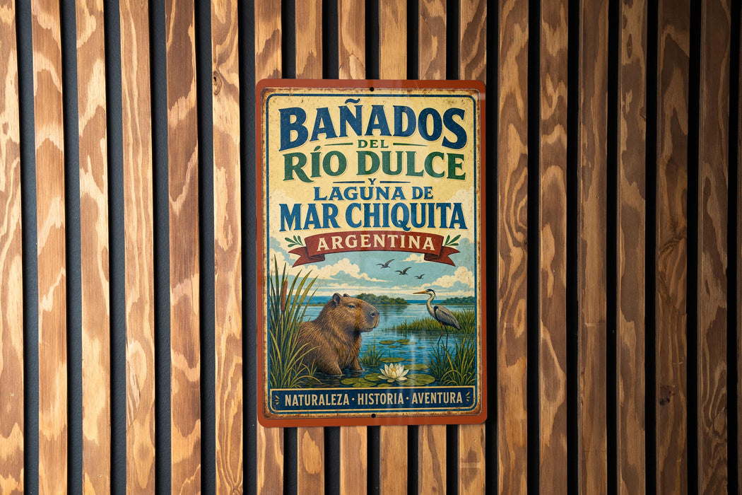 A vintage-style metal sign with a picture of a capybara and text advertising Banados de Rio Dulce, Laguna de Mar Chiquita, and Argentina.