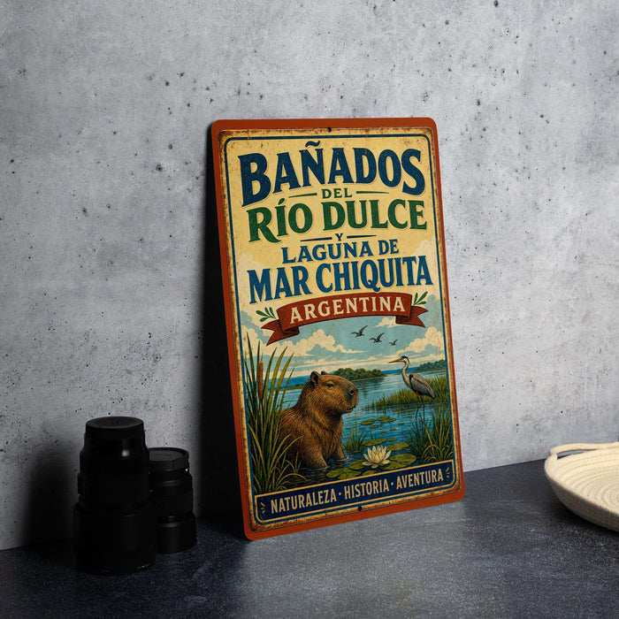 A vintage-style sign for Banados del Rio Dulce, Laguna de Mar Chiquita, and Aventura, featuring an illustration of a beaver and a bird in a natural setting.