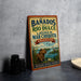 A vintage-style sign for Banados del Rio Dulce, Laguna de Mar Chiquita, and Aventura, featuring an illustration of a beaver and a bird in a natural setting.