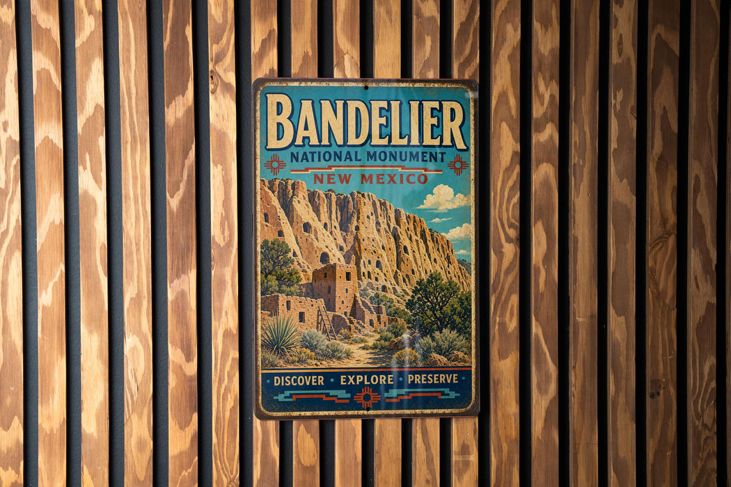 A vintage metal sign for the Bandelier National Monument in New Mexico, featuring a desert landscape with a cliff and a building.
