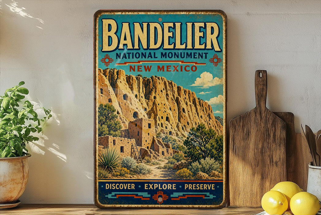 A vintage-style metal sign for the National Monument in New Mexico, featuring a desert landscape with a mountain in the background.
