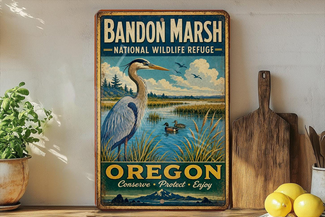 A vintage-style metal sign for Bandon Marsh National Wildlife Refuge in Oregon, featuring an illustration of a heron and a lake with ducks.