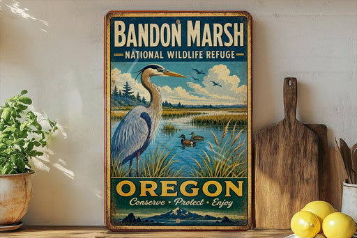 A vintage-style metal sign for Bandon Marsh National Wildlife Refuge in Oregon, featuring an illustration of a heron and a lake with ducks.