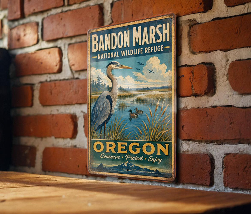 A vintage metal sign for Bandon Marsh National Wildlife Refuge in Oregon, featuring a large heron and a serene landscape.