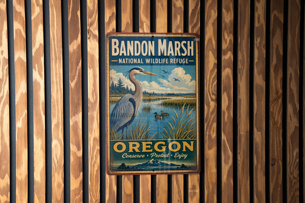 A vintage metal sign for Bandon Marsh National Wildlife Refuge in Oregon, featuring a large blue heron and a serene landscape.