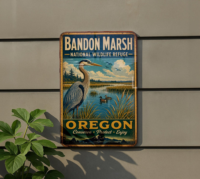 A vintage metal sign for Bandon Marsh National Wildlife Refuge in Oregon, featuring a large heron and a serene landscape.