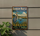 A vintage metal sign for Bandon Marsh National Wildlife Refuge in Oregon, featuring a large heron and a serene landscape.