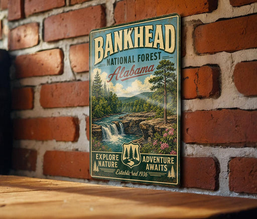 A vintage-style metal sign for the Bankhead National Forest in Alabama, featuring a scenic landscape with a waterfall and pine trees.