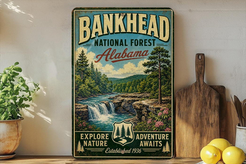a vintage-style sign for the Bankhead National Forest in Alabama, with a scenic illustration of a waterfall and forest. The sign is displayed on a shelf next to a wooden cutting board and some potted plants.