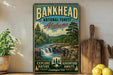 a vintage-style sign for the Bankhead National Forest in Alabama, with a scenic illustration of a waterfall and forest. The sign is displayed on a shelf next to a wooden cutting board and some potted plants.