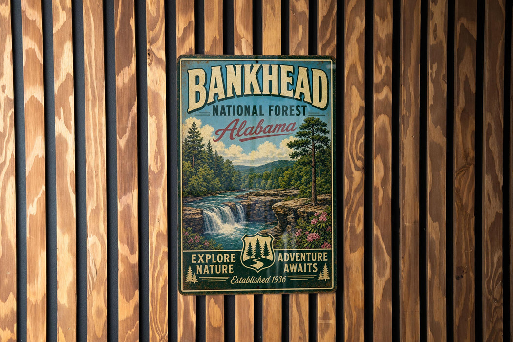 A vintage-style metal sign for the Bankhead National Forest in Alabama, featuring a scenic landscape with a waterfall and pine trees.