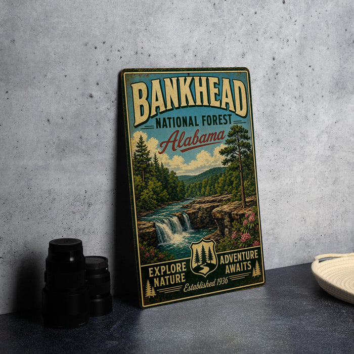 A vintage-style metal sign for Bankhead National Forest in Alabama, featuring a scenic landscape with a waterfall and pine trees.