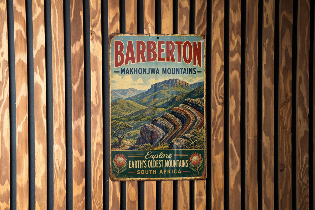 A vintage metal sign with the text "BARBETON MAKHONJWA MOUNTAINS" and "Explore Earth's oldest mountains SOUTH AFRICA" is displayed on a wooden wall.