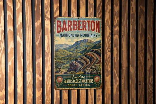 A vintage metal sign with the text "BARBETON MAKHONJWA MOUNTAINS" and "Explore Earth's oldest mountains SOUTH AFRICA" is displayed on a wooden wall.
