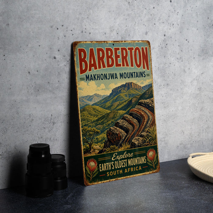 A vintage metal sign advertising the Barberton Makhonjwa Mountains, featuring a scenic mountain landscape with text that reads "Barberton - Makhonjwa Mountains - Explore Earth's Oldest Mountains - South Africa".