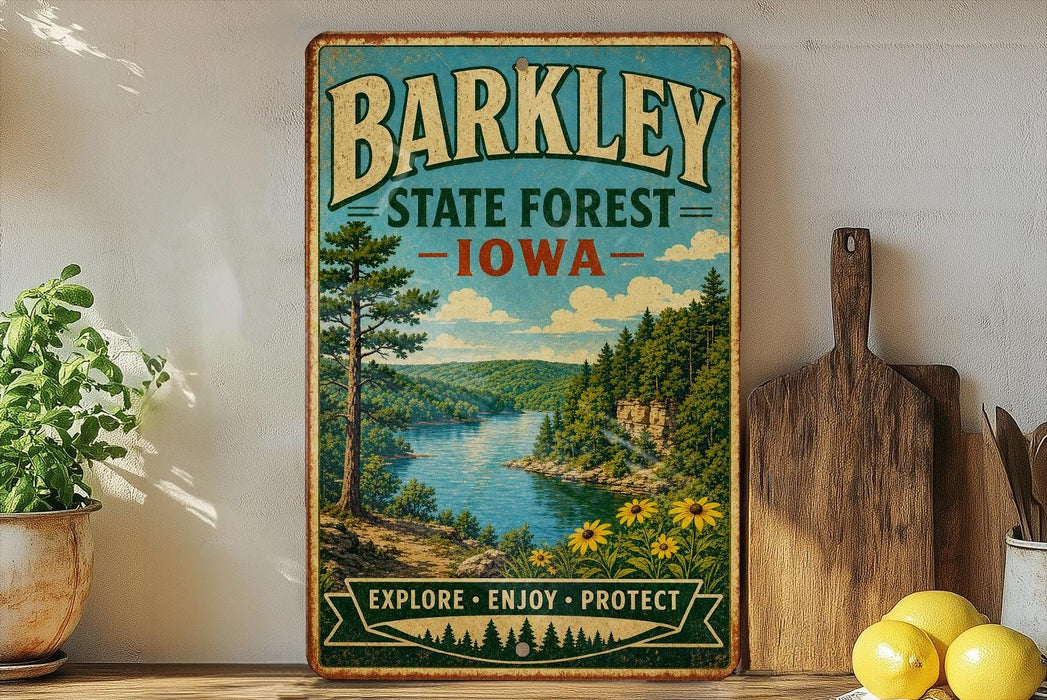 A vintage-style sign for the state forest in Iowa, featuring a scenic landscape with a lake, mountains, and pine trees.