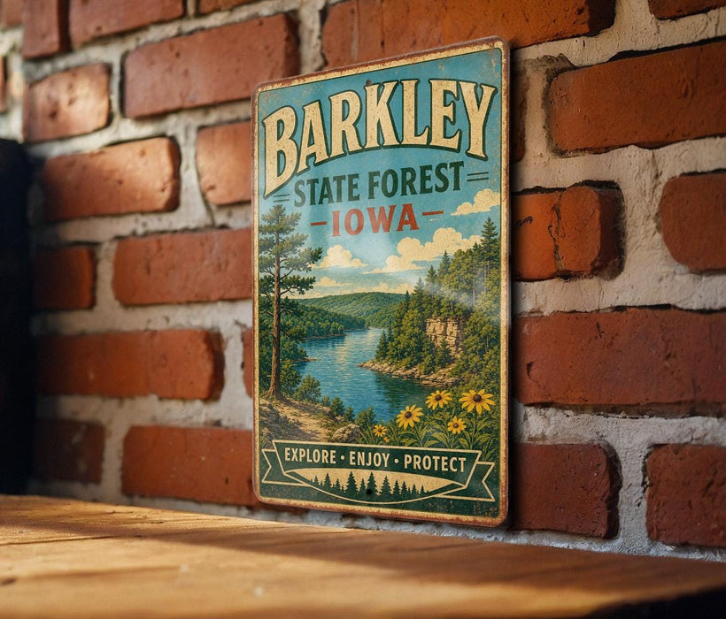A vintage metal sign for the Barley State Forest in Iowa, featuring a scenic landscape with a lake and mountains.