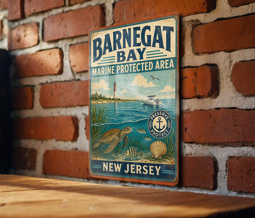 A vintage metal sign for BarnEGAT Bay, a marine protected area in New Jersey, featuring a lighthouse and marine life.