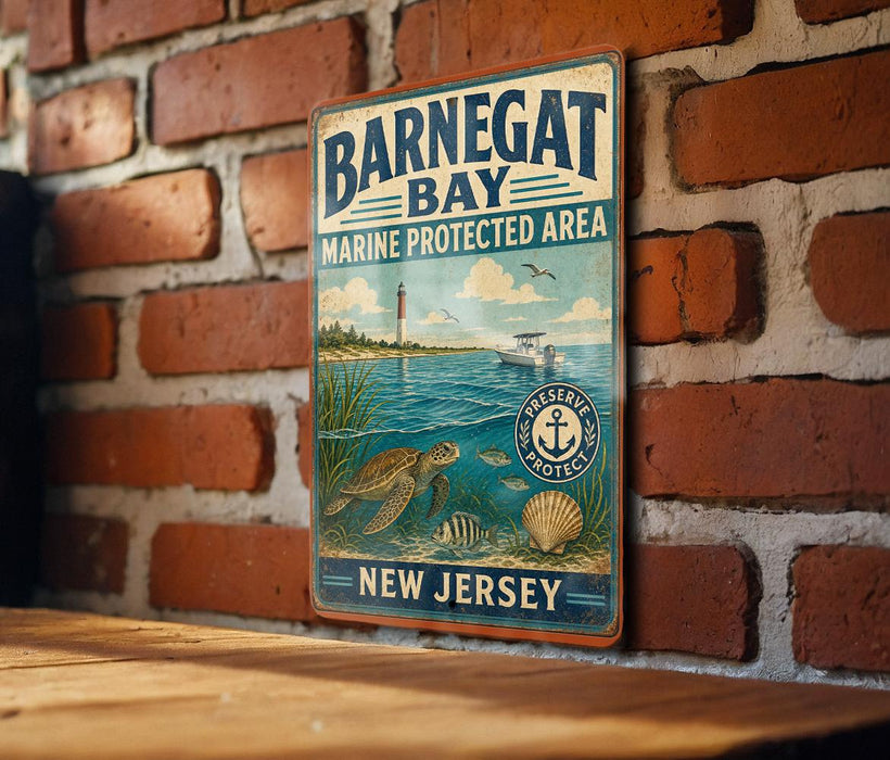 A vintage metal sign for BarnEGAT Bay, a marine protected area in New Jersey, featuring a lighthouse and marine life.