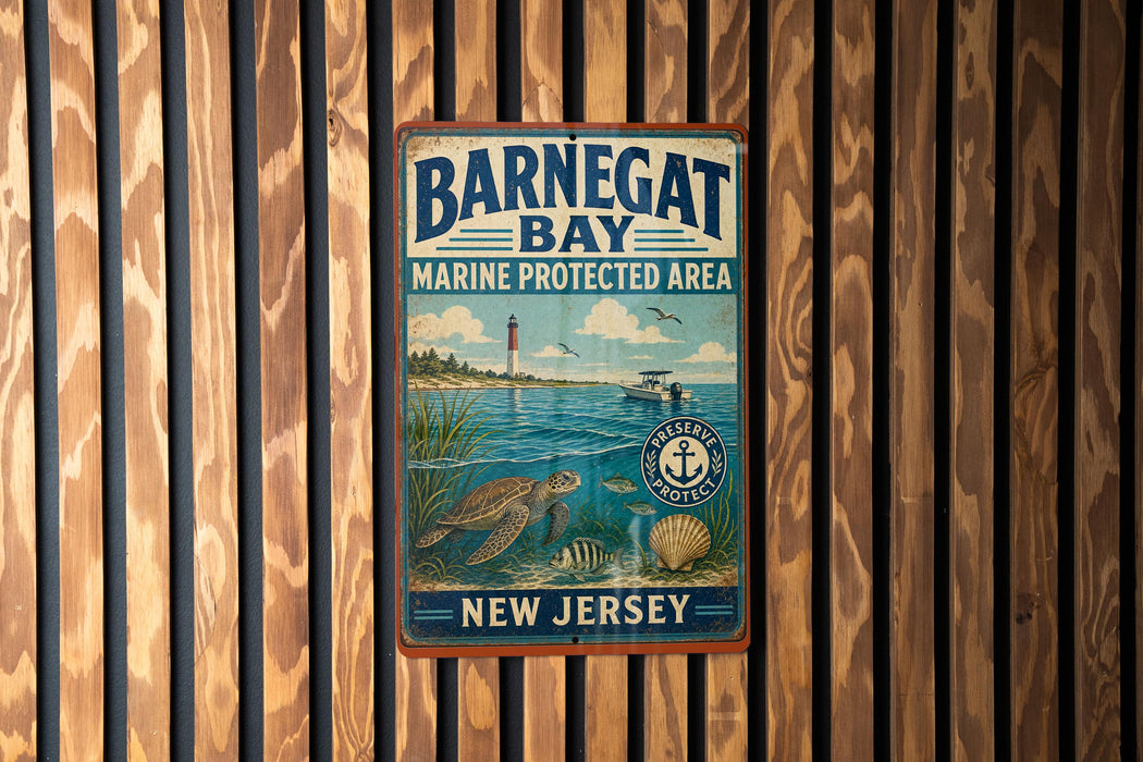 A vintage metal sign for Barnegat Bay, New Jersey, featuring a lighthouse and marine life, is displayed on a wooden wall.