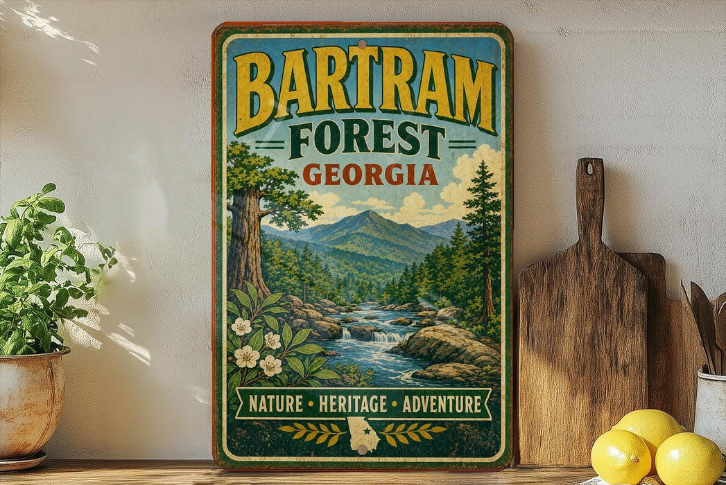 A vintage-style poster advertising Bartram Forest in Georgia, featuring a scenic mountain landscape with a river and pine trees.