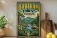A vintage-style poster advertising Bartram Forest in Georgia, featuring a scenic mountain landscape with a river and pine trees.