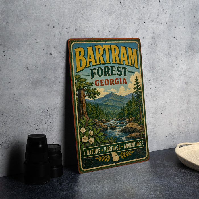 A vintage-style metal sign for Bartram Forest in Georgia, featuring a scenic landscape with a river, mountains, and pine trees.