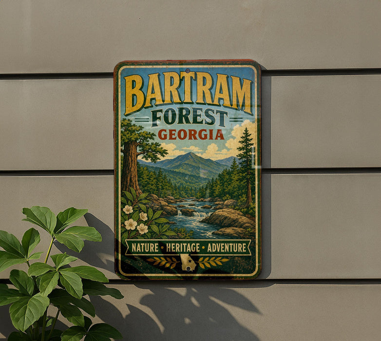 A vintage-style metal sign for Bartram Forest in Georgia, featuring a scenic landscape with mountains, trees, and a river.