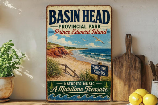 A vintage-style metal sign for "Basin Head Provincial Park" in Prince Edward Island, featuring a beach scene with a bird flying over the water.