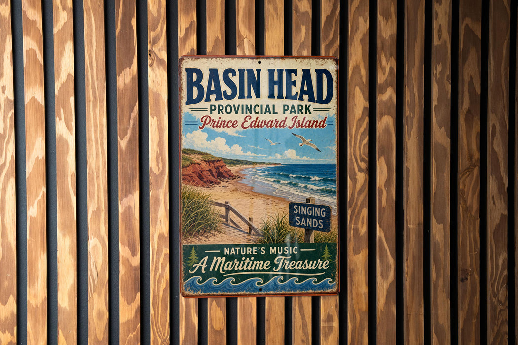A vintage-style metal sign for Basin Head Provincial Park, Prince Edward Island, featuring a beach scene with a bird flying overhead.