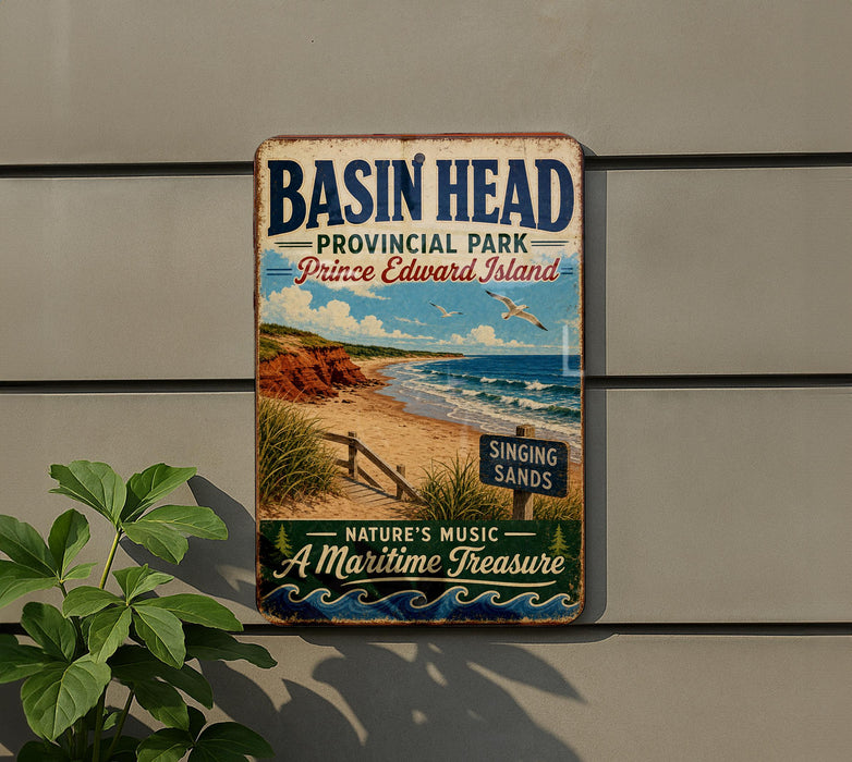 A vintage-style metal sign for Basin Head Provincial Park, Prince Edward Island, featuring a beach scene with a bird flying overhead and a sign indicating "Singing Sands".