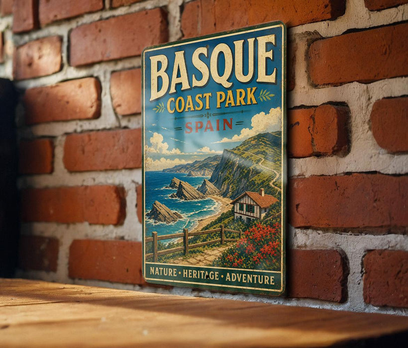 A vintage-style metal sign for Basque Coast Park, Spain, featuring a coastal landscape with cliffs, a beach, and a small house.