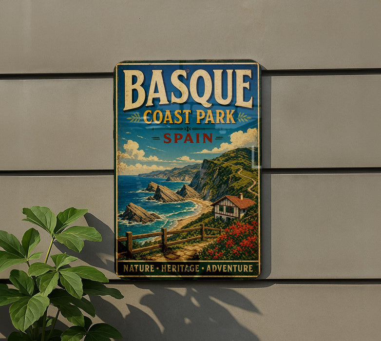 A vintage-style metal sign for Basque Coast Park in Spain, featuring a scenic coastal landscape with cliffs, a beach, and a small house.