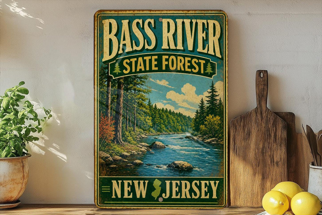 A vintage-style sign for Bass River State Forest in New Jersey, featuring a scenic illustration of a river surrounded by trees and mountains.