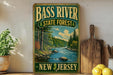 A vintage-style sign for Bass River State Forest in New Jersey, featuring a scenic illustration of a river surrounded by trees and mountains.