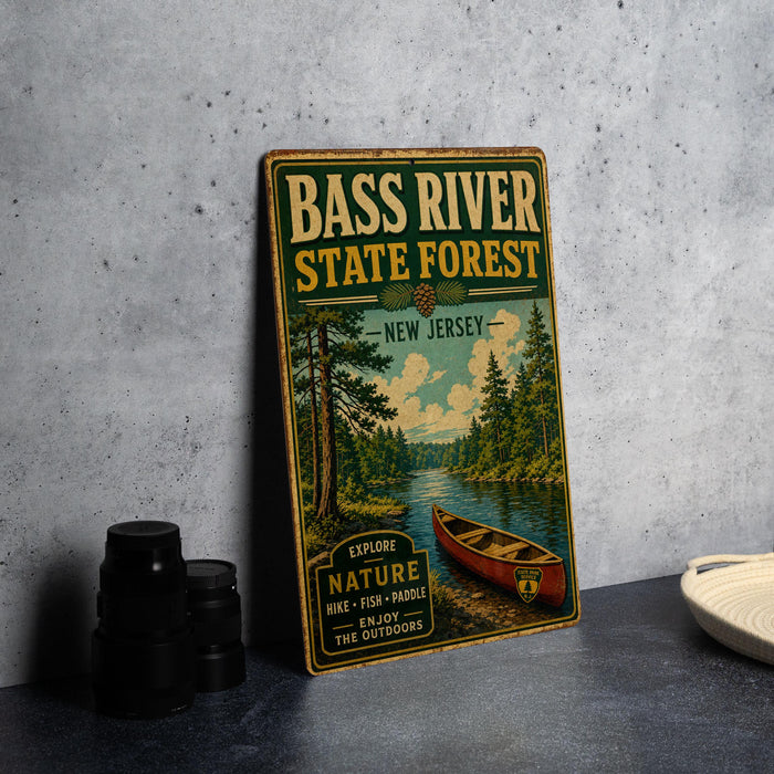 A vintage-style metal sign for the Bass River State Forest in New Jersey, featuring a scenic illustration of a canoe on a river surrounded by pine trees.