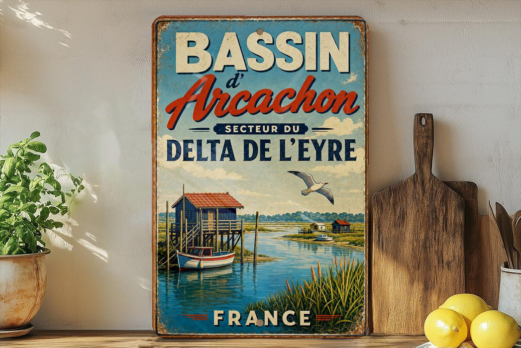 A vintage-style metal sign advertising the Bassin d'Arçon, a coastal town in France, with a scenic image of a small boat on the water and a picturesque landscape in the background.