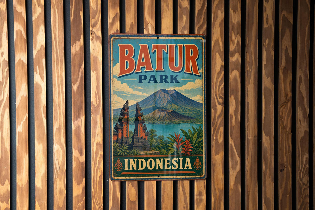 A vintage-style metal sign with the text "BATUR PARK INDONESIA" is displayed on a wooden wall.