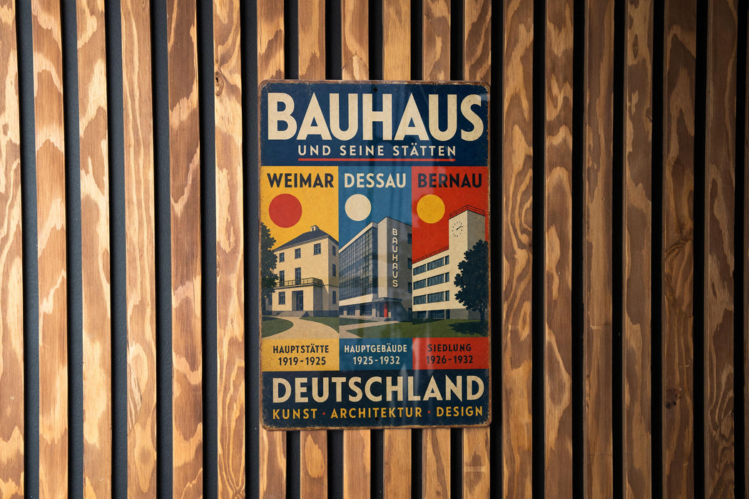 A vintage metal sign for the Bauhaus in Deutschland, featuring a colorful illustration of the Bauhaus buildings and text in German.
