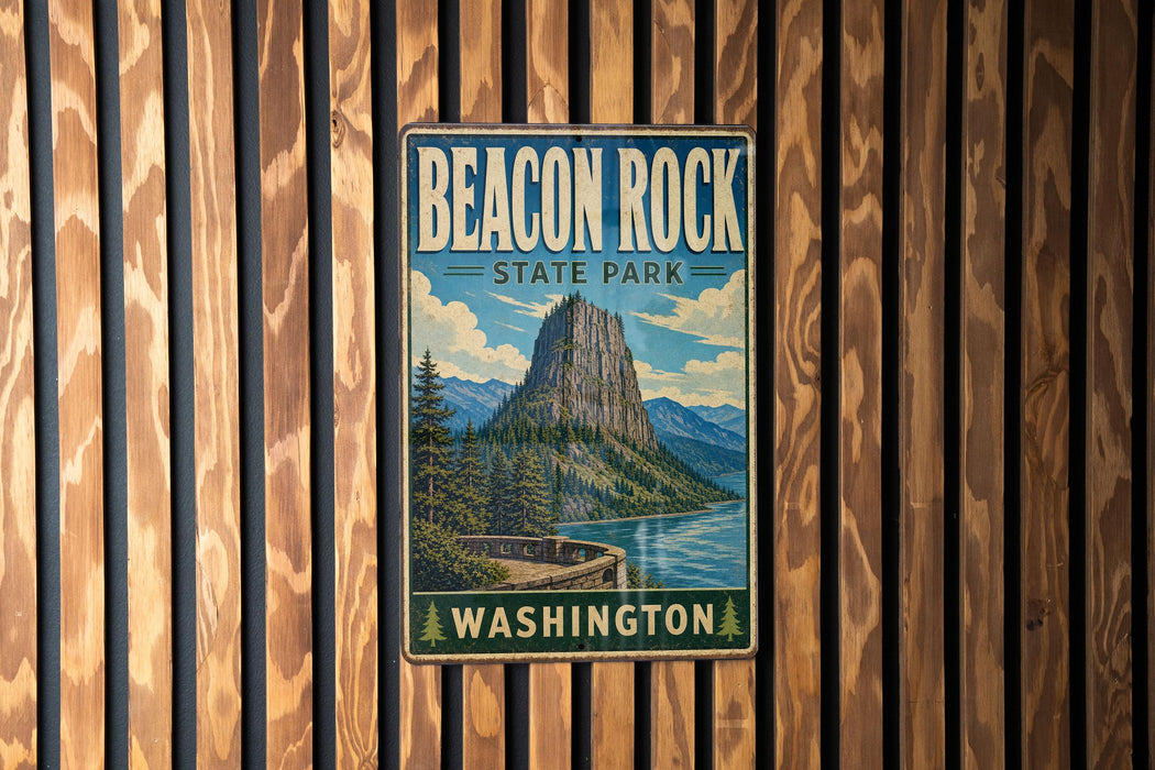 A vintage-style metal sign for Beacon Rock State Park in Washington, featuring a mountain landscape and a body of water.