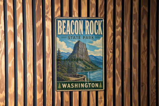 A vintage-style metal sign for Beacon Rock State Park in Washington, featuring a mountain landscape and a body of water.