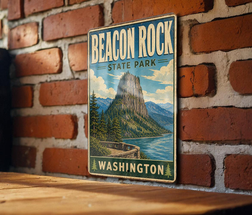 A vintage-style metal sign for Beacon Rock State Park in Washington, featuring a scenic mountain landscape with a lake and forest.