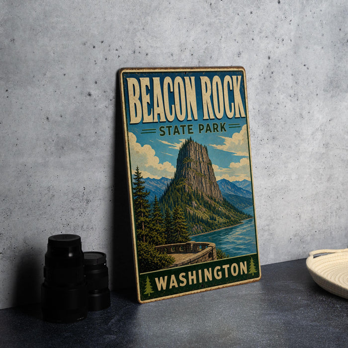 A vintage-style metal sign for Beacon Rock State Park in Washington, featuring a scenic mountain landscape with a lake and a bridge.