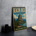 A vintage-style metal sign for Beacon Rock State Park in Washington, featuring a scenic mountain landscape with a lake and a bridge.