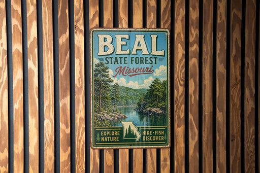 A vintage metal sign for the Beal State Forest in Missouri, featuring a scenic image of a forest and a river.