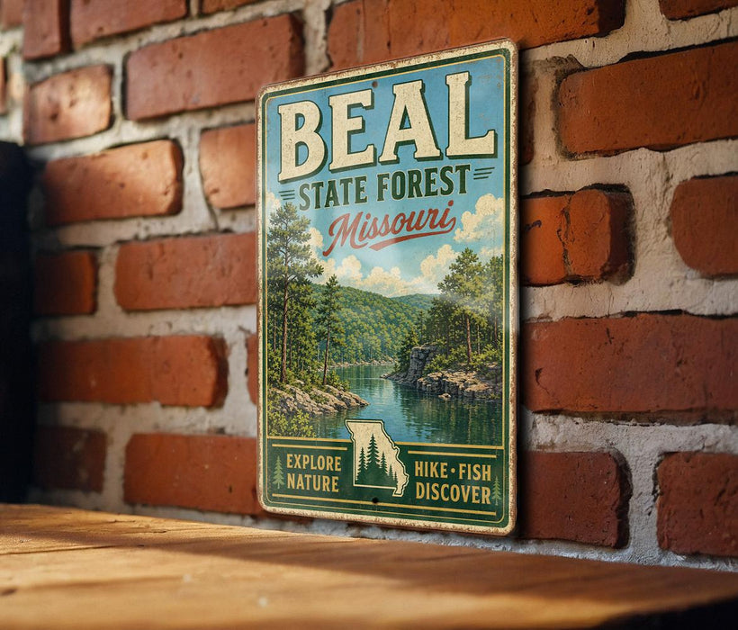 A vintage metal sign for the Beal State Forest in Missouri, featuring a scenic landscape with a river and trees.