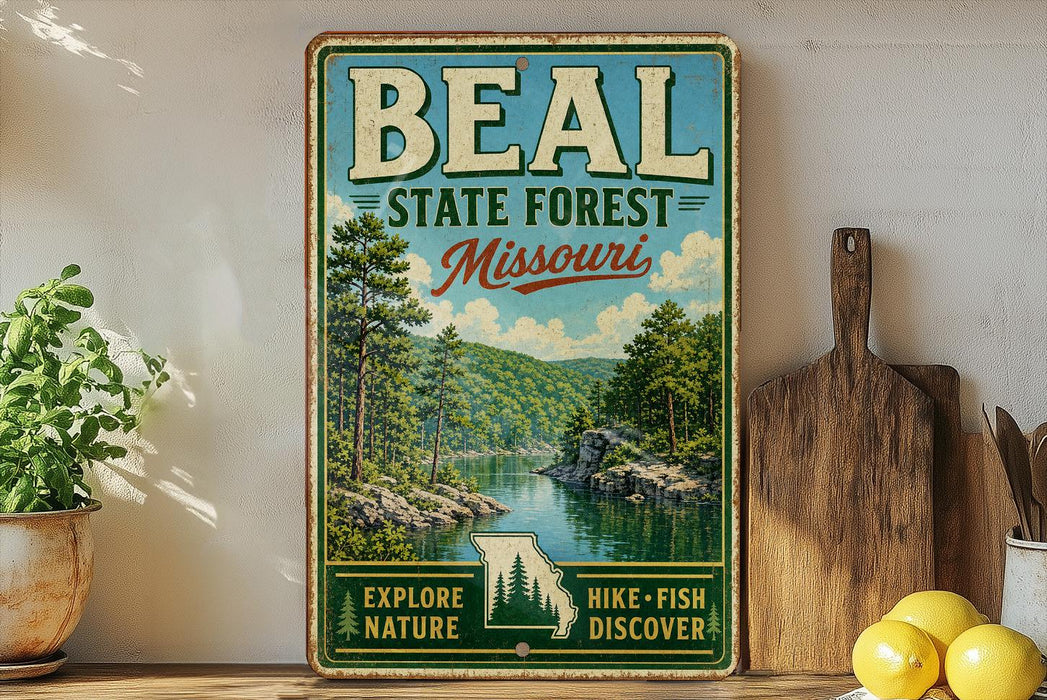 A vintage-style metal sign for the Beal State Forest in Missouri, featuring a scenic landscape with a river and trees.