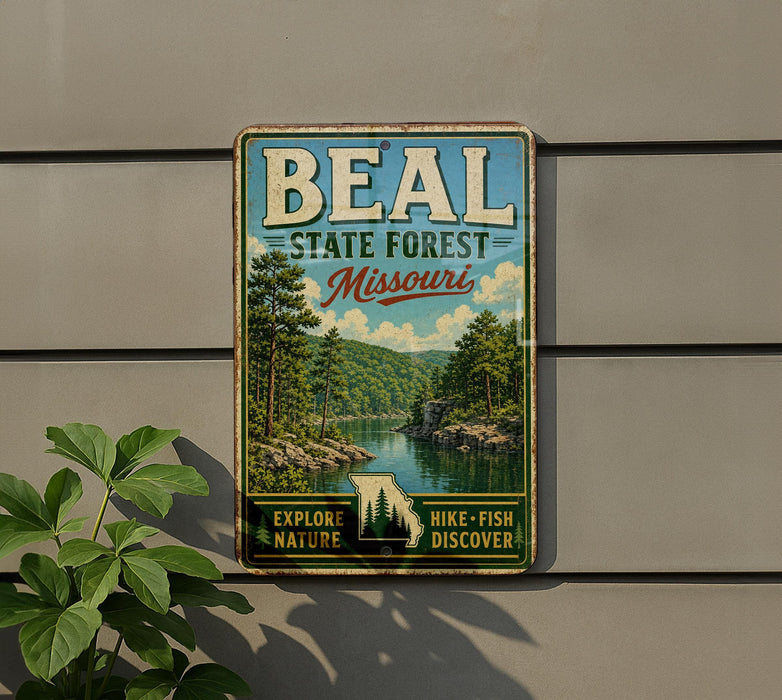 A vintage metal sign for the Beal State Forest in Missouri, featuring a scenic landscape with pine trees, a river, and mountains.
