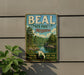 A vintage metal sign for the Beal State Forest in Missouri, featuring a scenic landscape with pine trees, a river, and mountains.